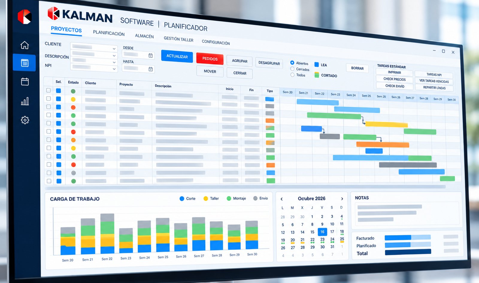 Planificador de proyectos de Kalman con diagrama de Gantt y carga de trabajo por semana